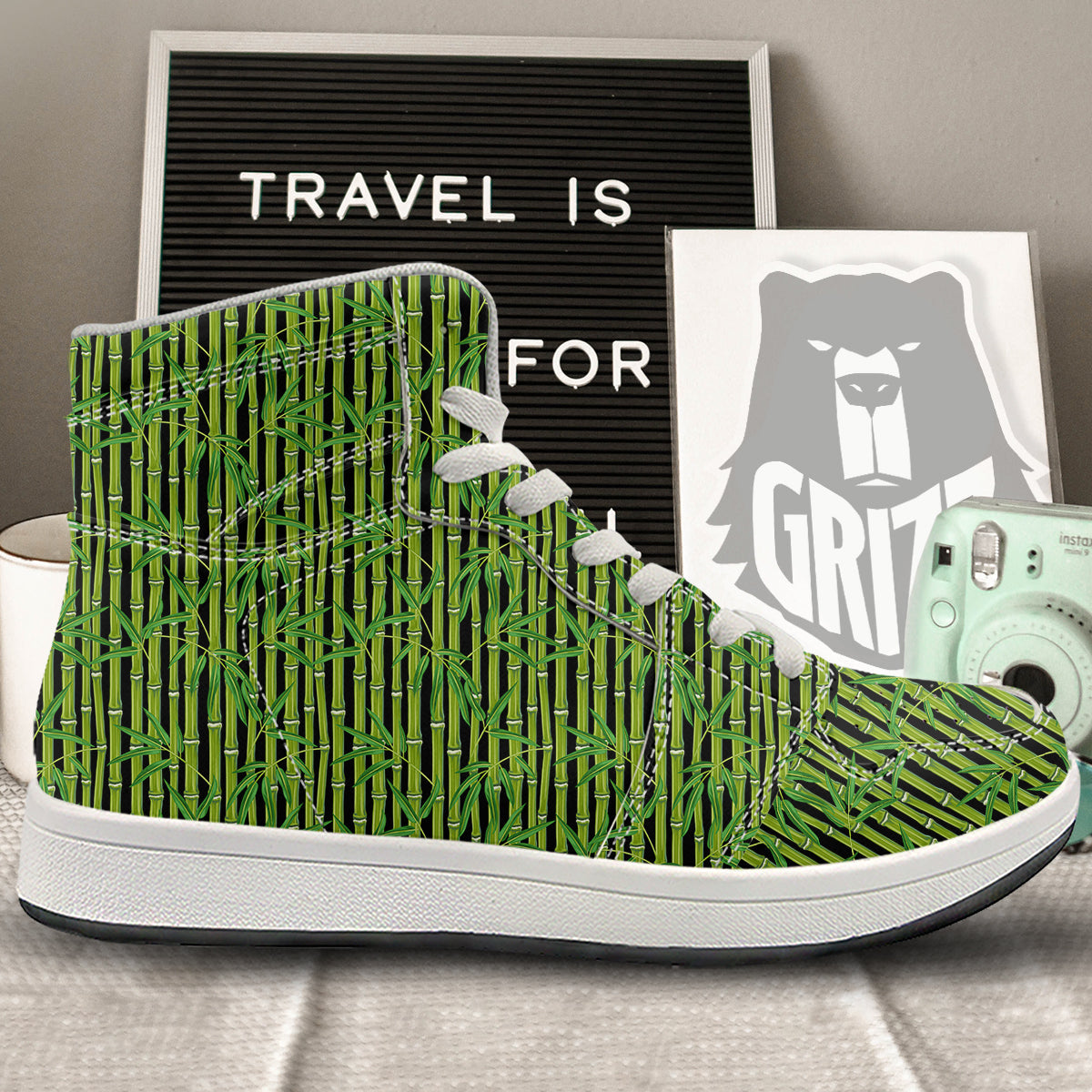 Green Bamboo And Leaves Print Pattern High Top Sneakers-grizzshop