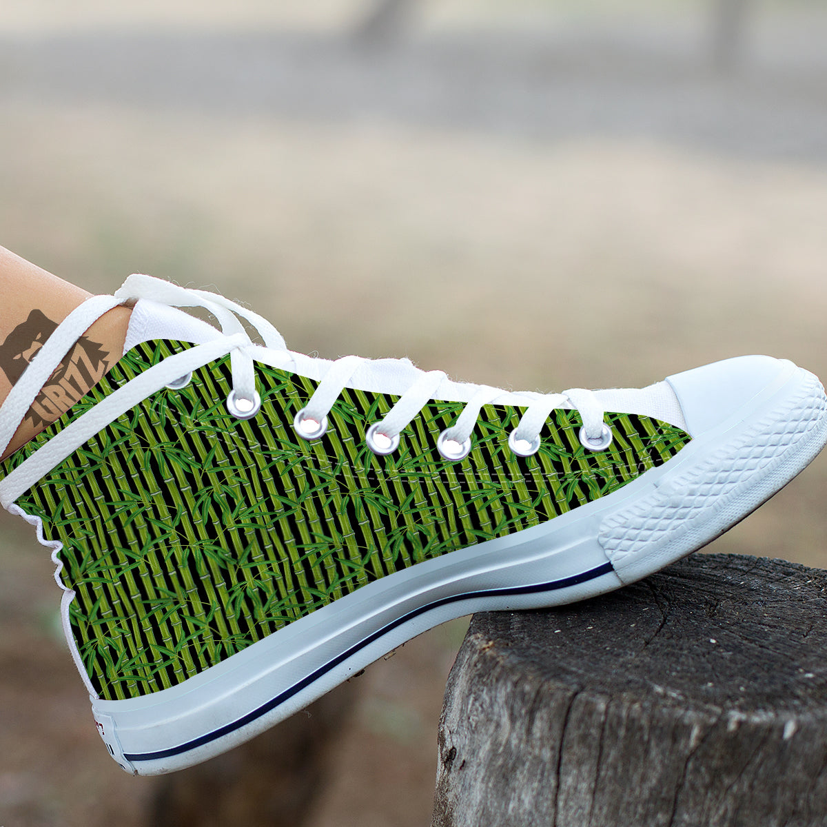 Green Bamboo And Leaves Print Pattern White High Top Shoes-grizzshop