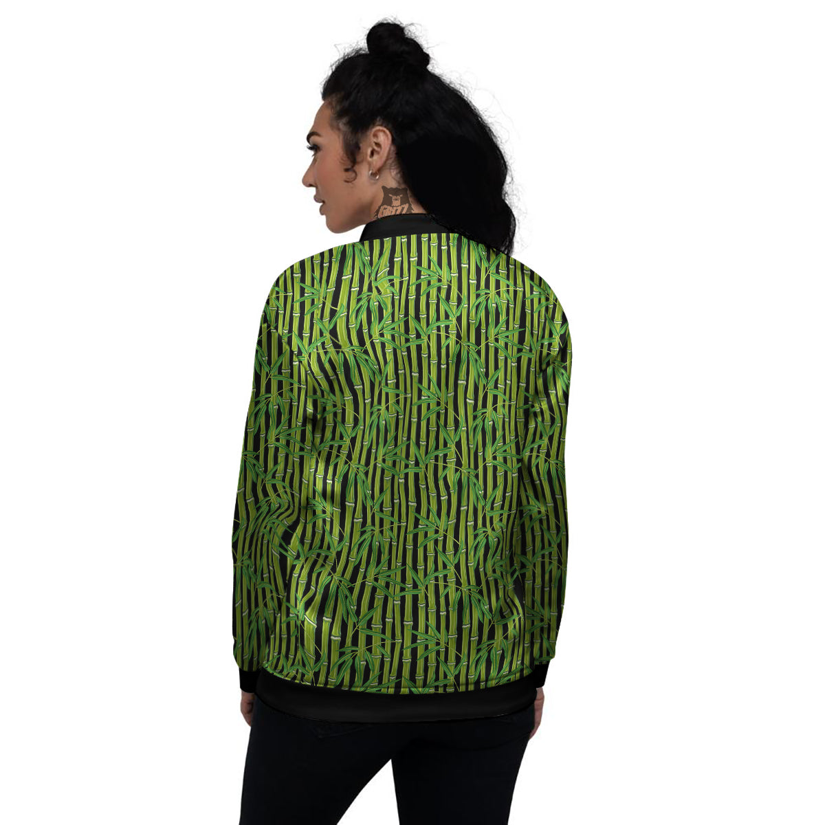 Green Bamboo And Leaves Print Pattern Women's Bomber Jacket-grizzshop