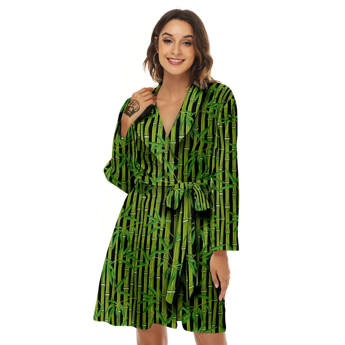 Green Bamboo And Leaves Print Pattern Women's Robe-grizzshop
