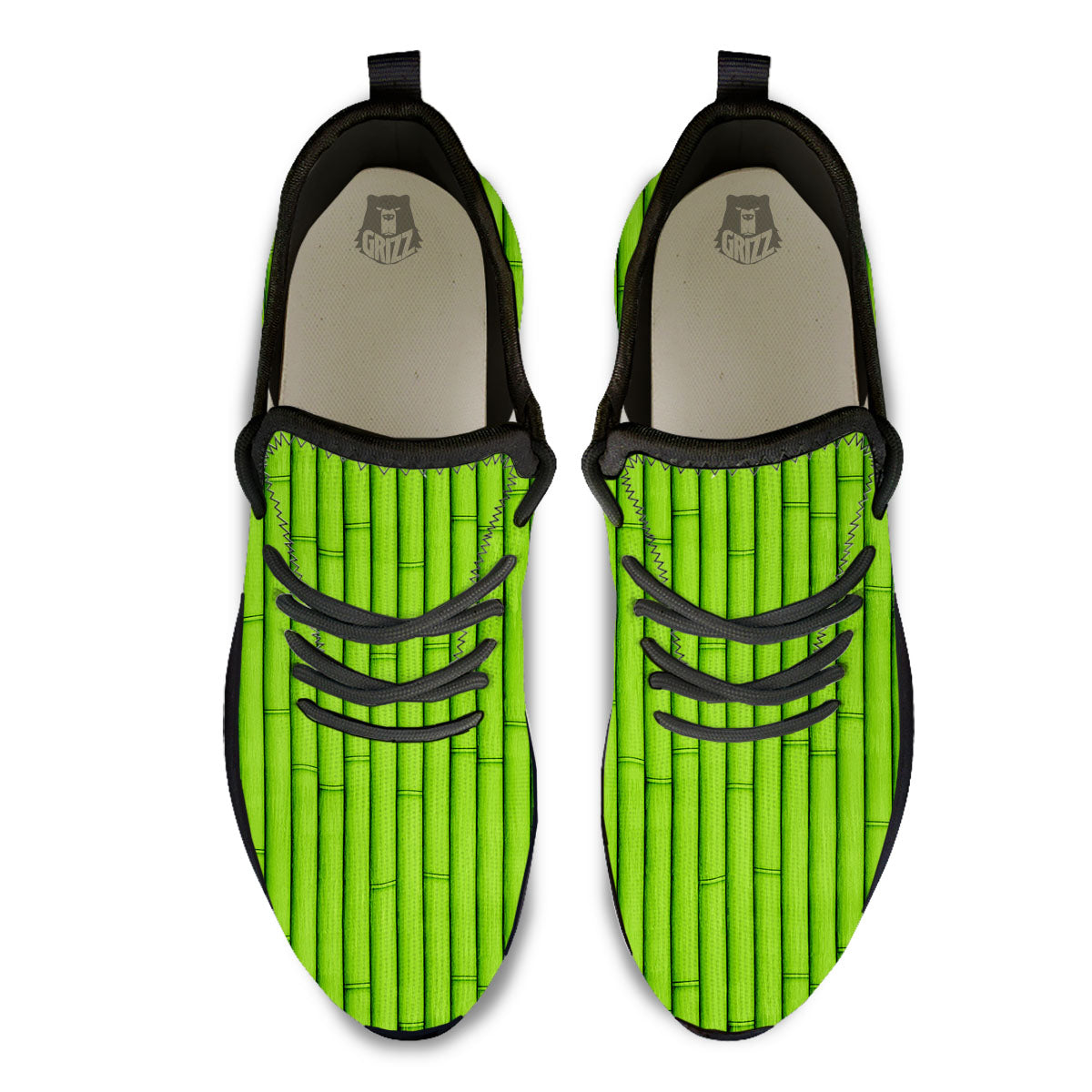 Green Bamboo Print Black Athletic Shoes-grizzshop