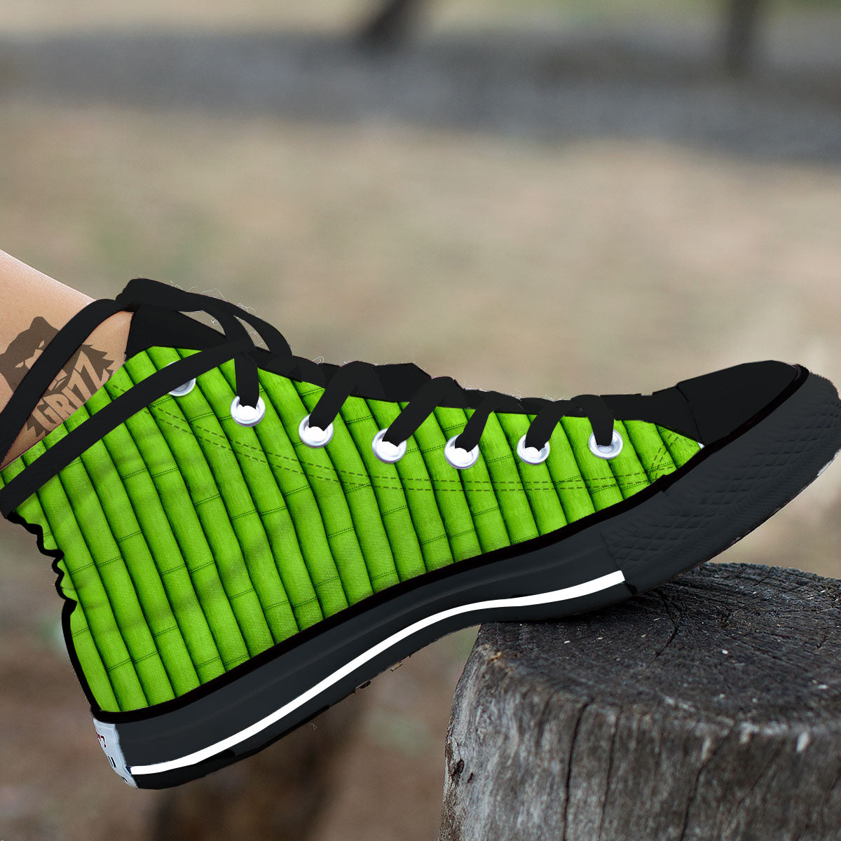 Green Bamboo Print Black High Top Shoes-grizzshop