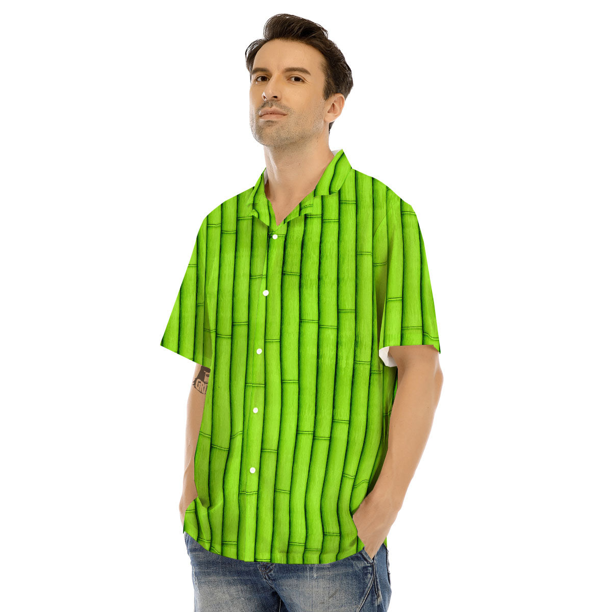Green Bamboo Print Men's Hawaiian Shirt-grizzshop