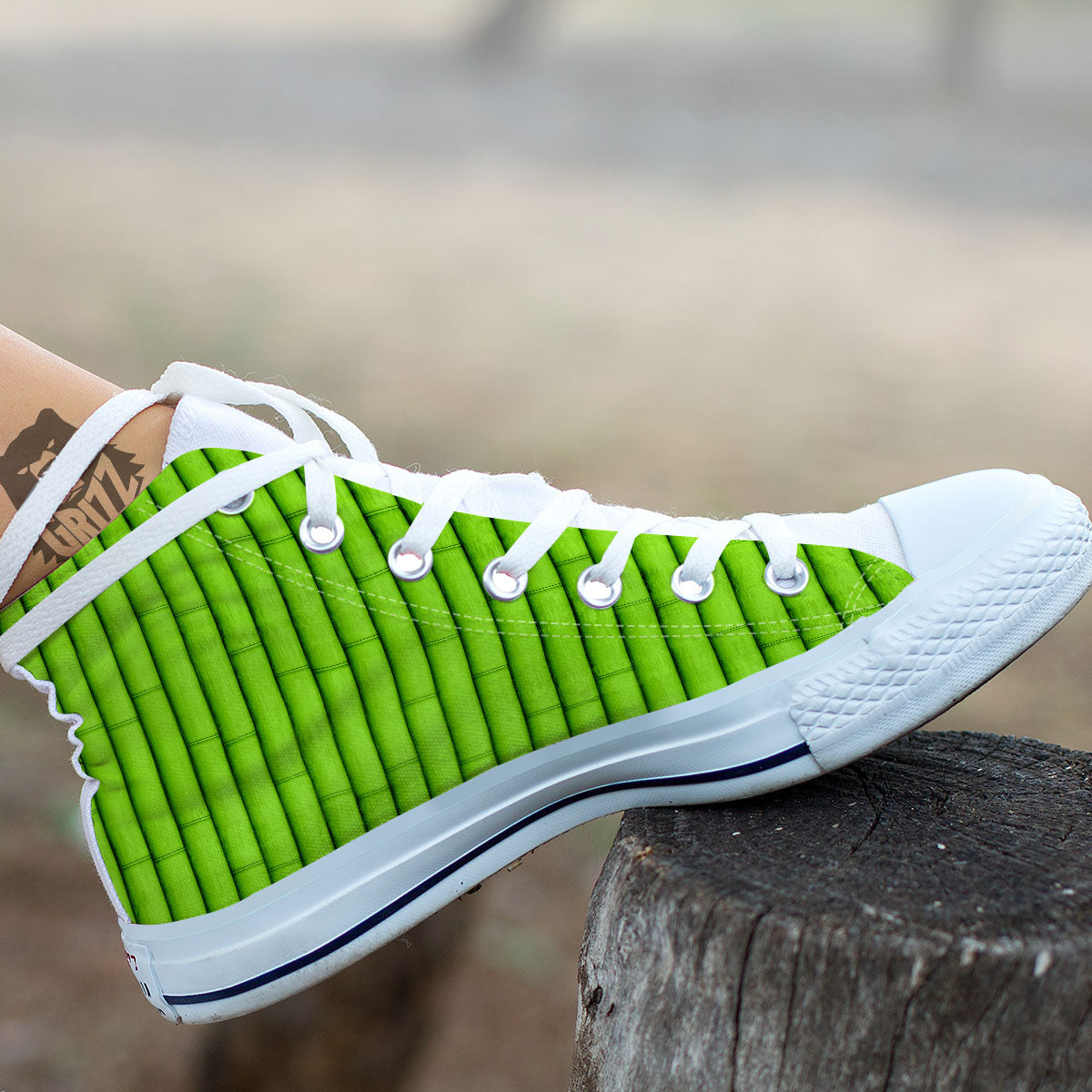 Green Bamboo Print White High Top Shoes-grizzshop