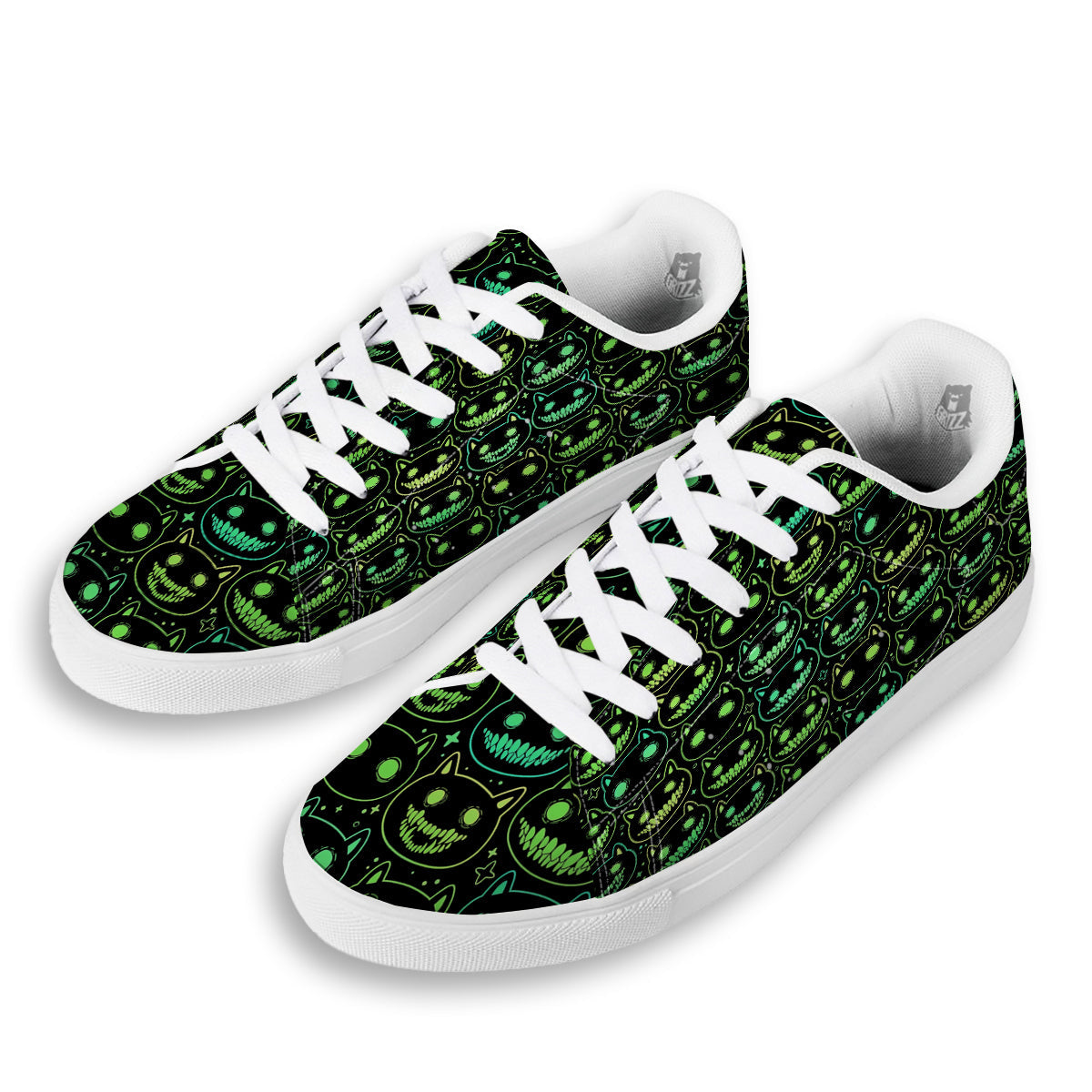 Green Black Head Cartoon Spooky Cat Print Pattern White Low Top Sneakers-grizzshop