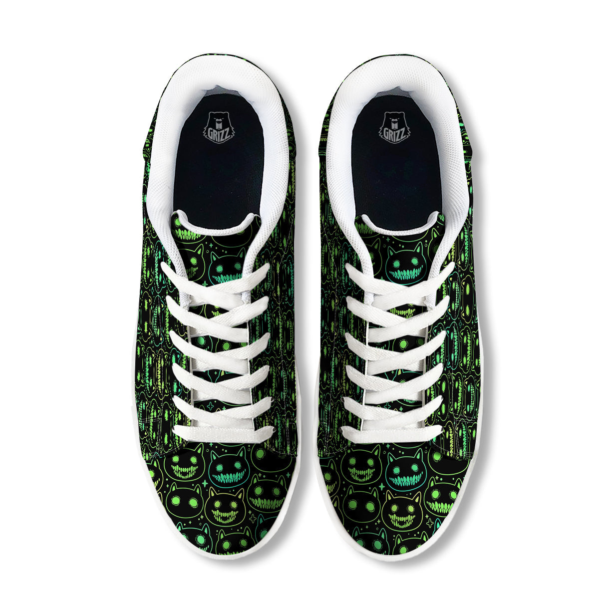 Green Black Head Cartoon Spooky Cat Print Pattern White Low Top Sneakers-grizzshop
