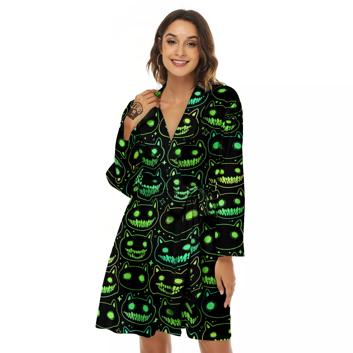 Green Black Head Cartoon Spooky Cat Print Pattern Women's Robe-grizzshop