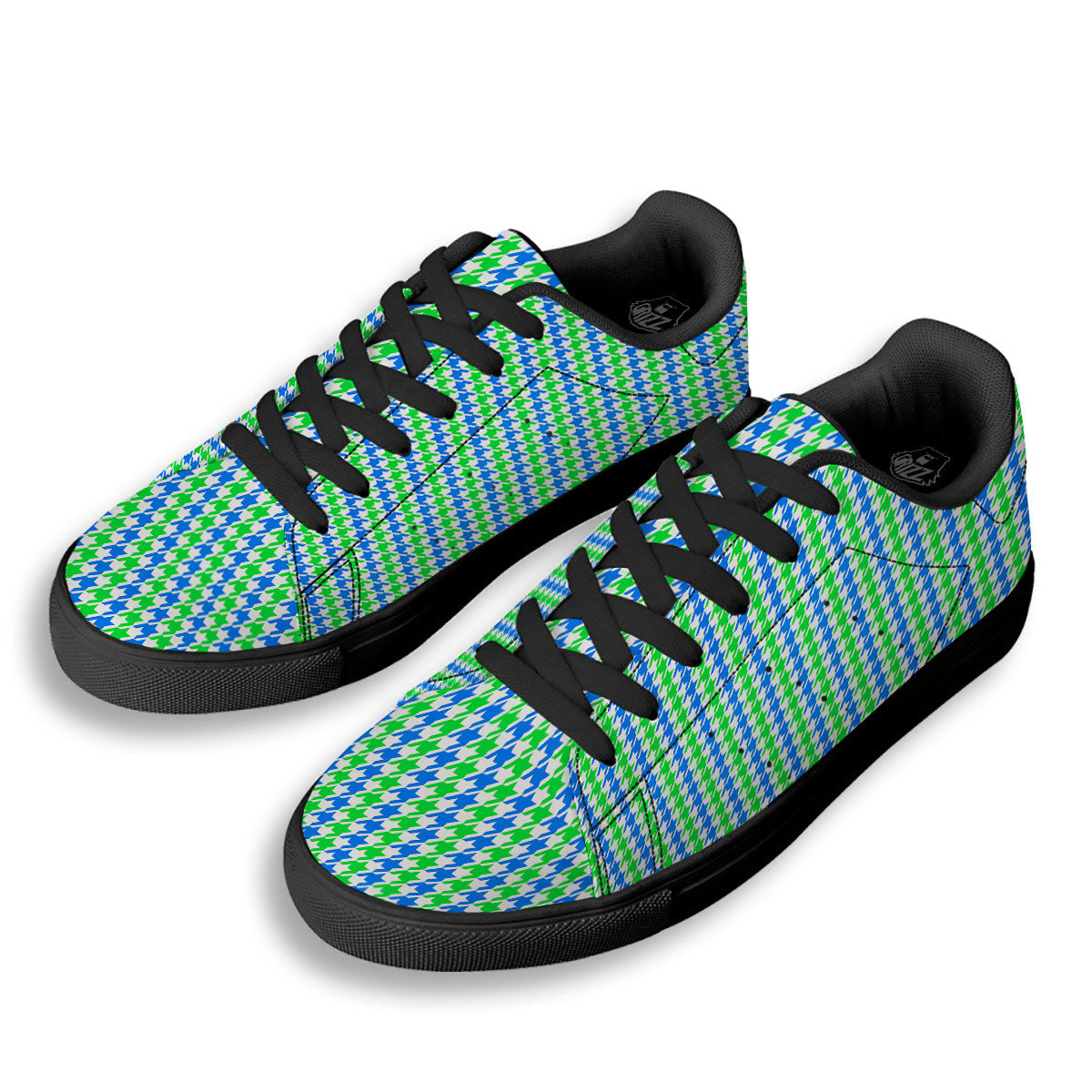 Green Blue And White Houndstooth Print Black Low Top Sneakers-grizzshop