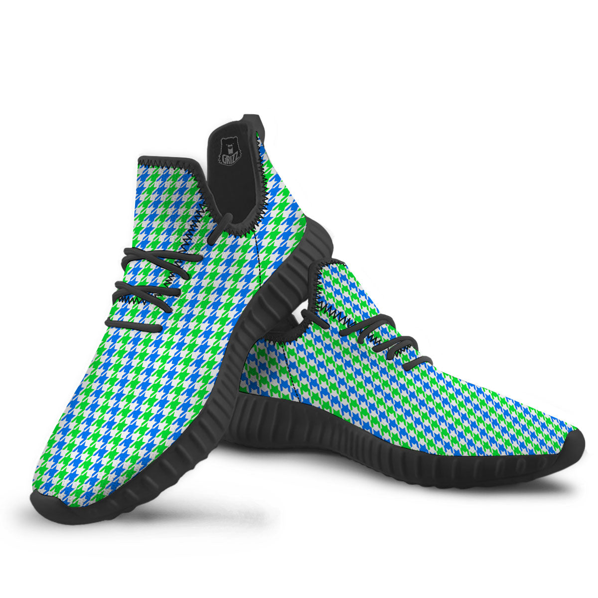 Green Blue And White Houndstooth Print Black Walking Shoes-grizzshop