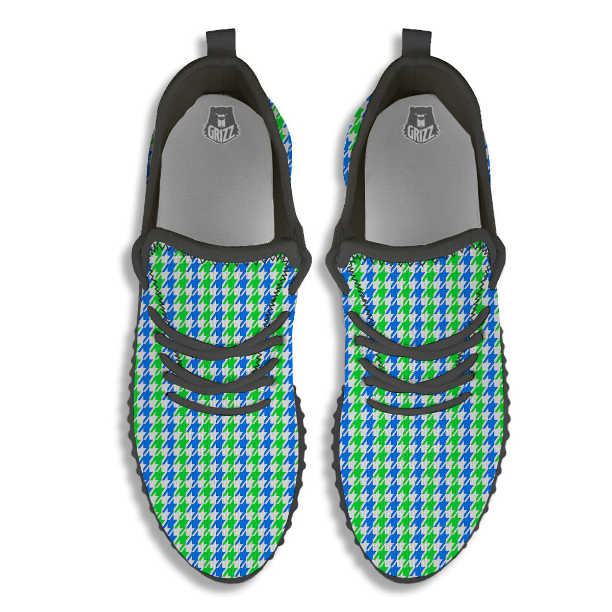 Green Blue And White Houndstooth Print Black Walking Shoes-grizzshop