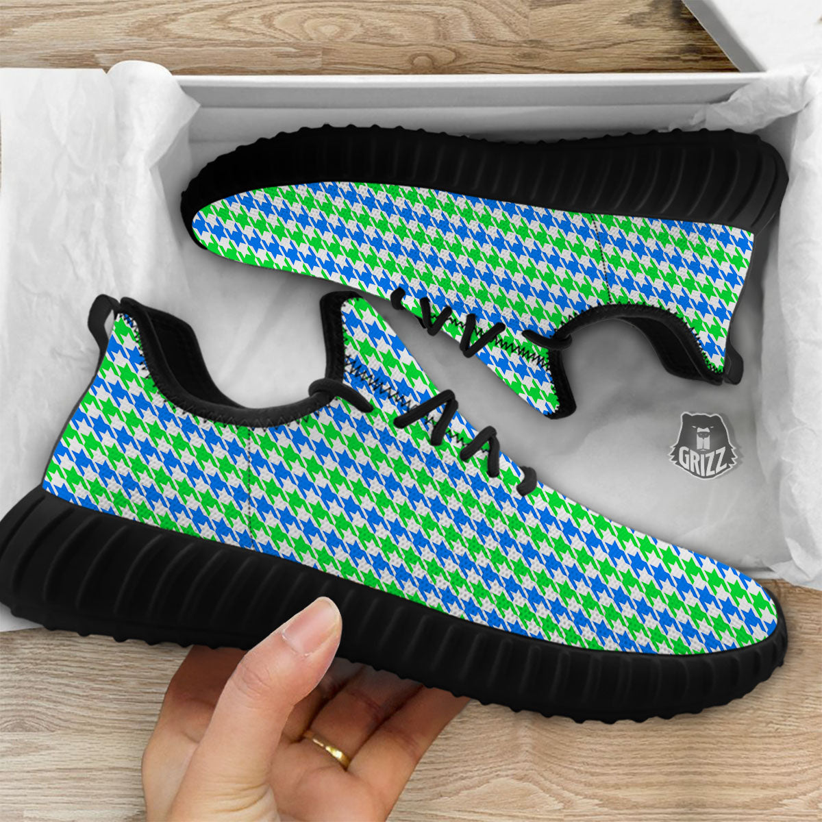 Green Blue And White Houndstooth Print Black Walking Shoes-grizzshop