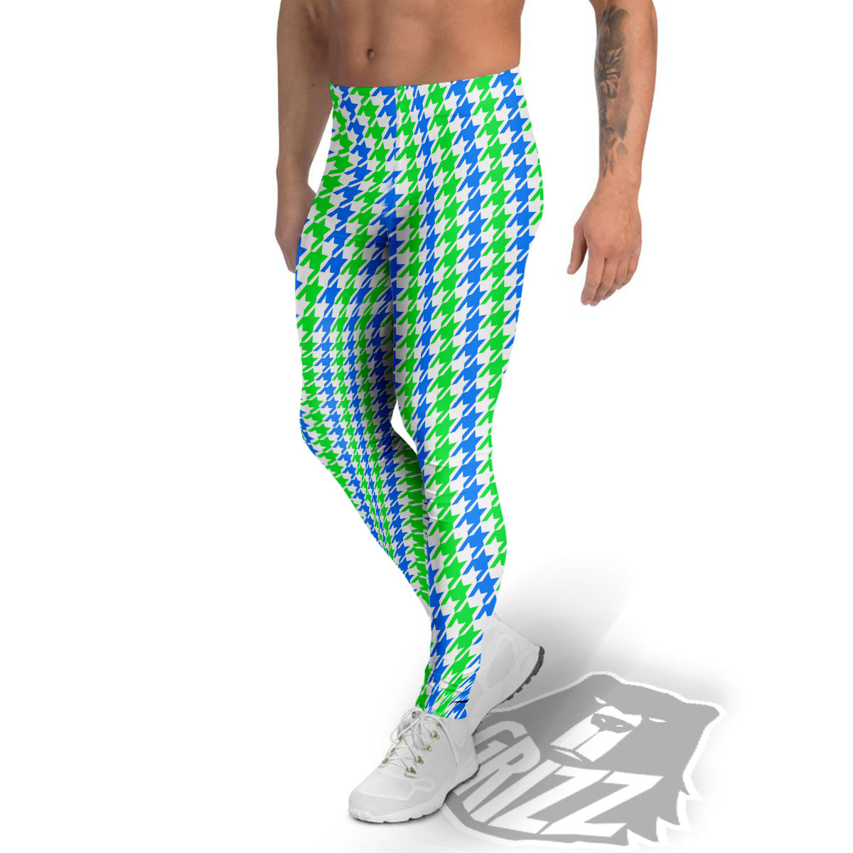 Green Blue And White Houndstooth Print Men's Leggings-grizzshop