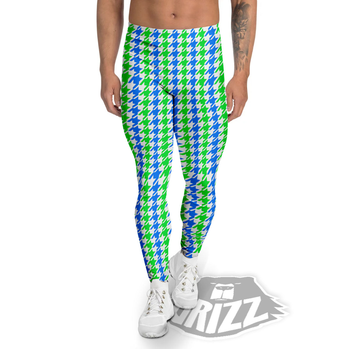Green Blue And White Houndstooth Print Men's Leggings-grizzshop