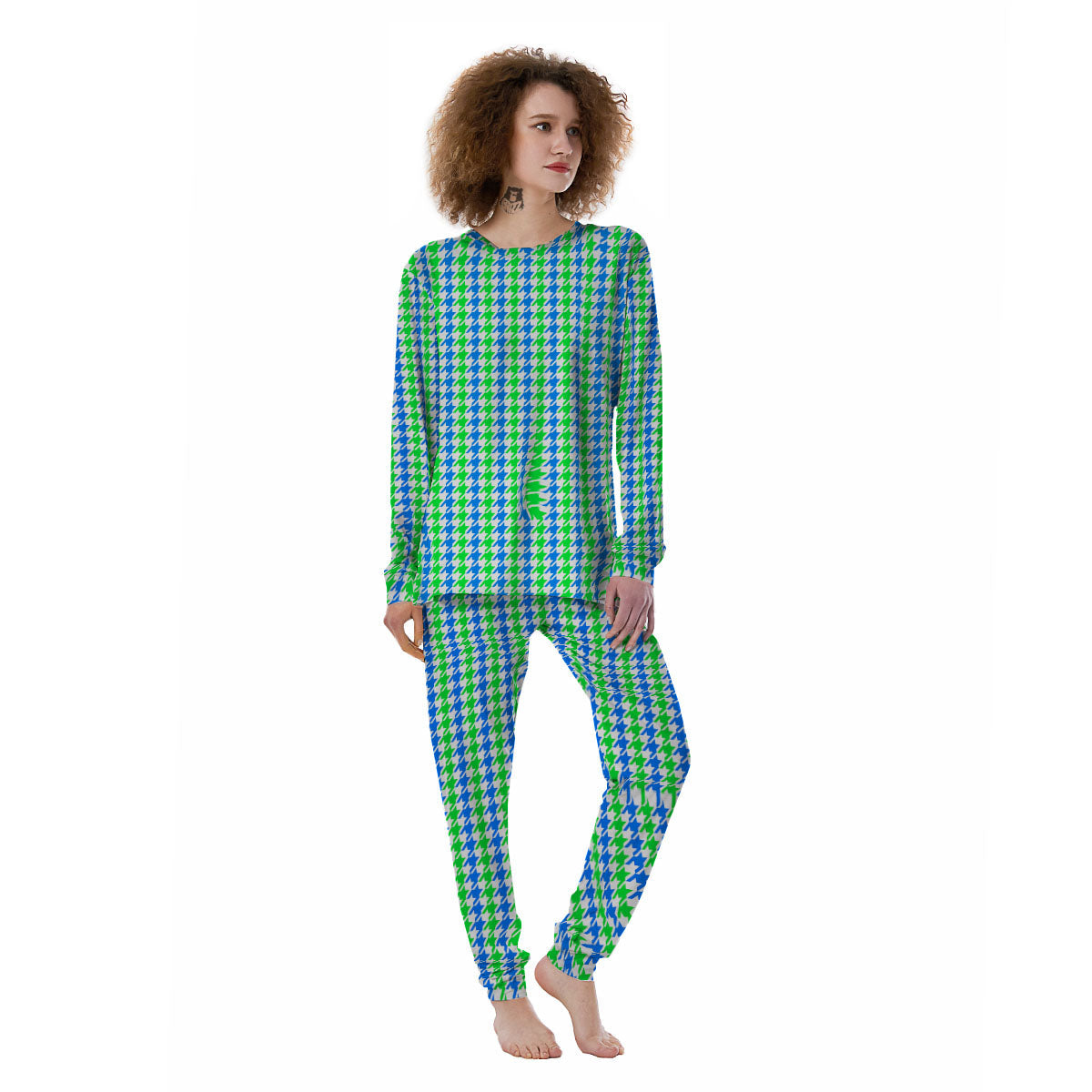 Green Blue And White Houndstooth Print Women's Pajamas-grizzshop