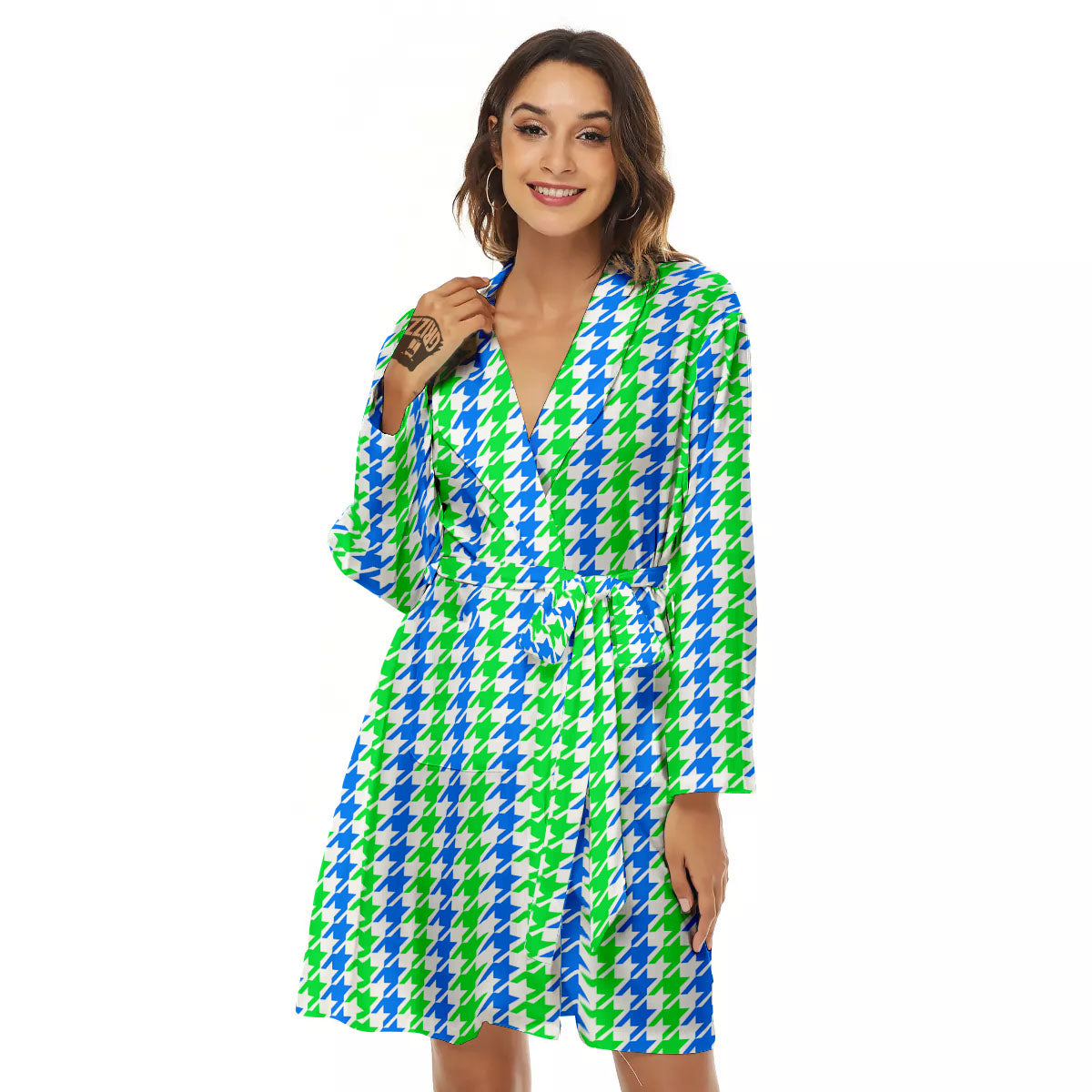 Green Blue And White Houndstooth Print Women's Robe-grizzshop