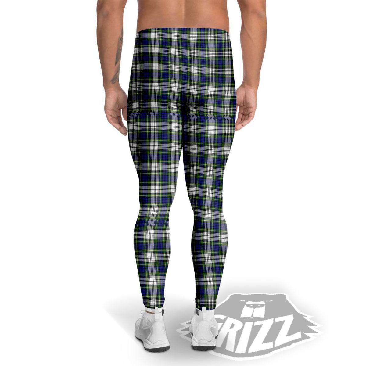 Green Blue And White Plaid Print Pattern Men's Leggings-grizzshop