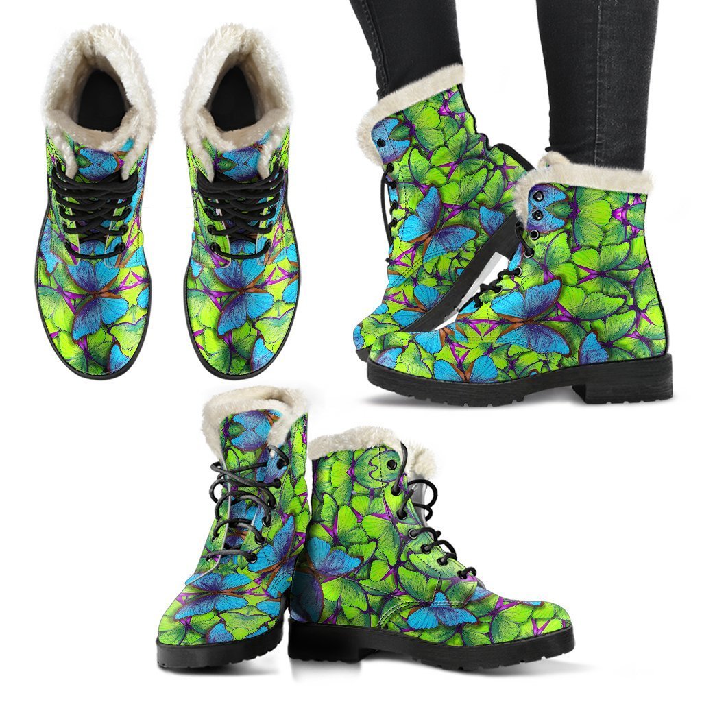 Green Blue Butterfly Pattern Print Comfy Winter Boots-grizzshop