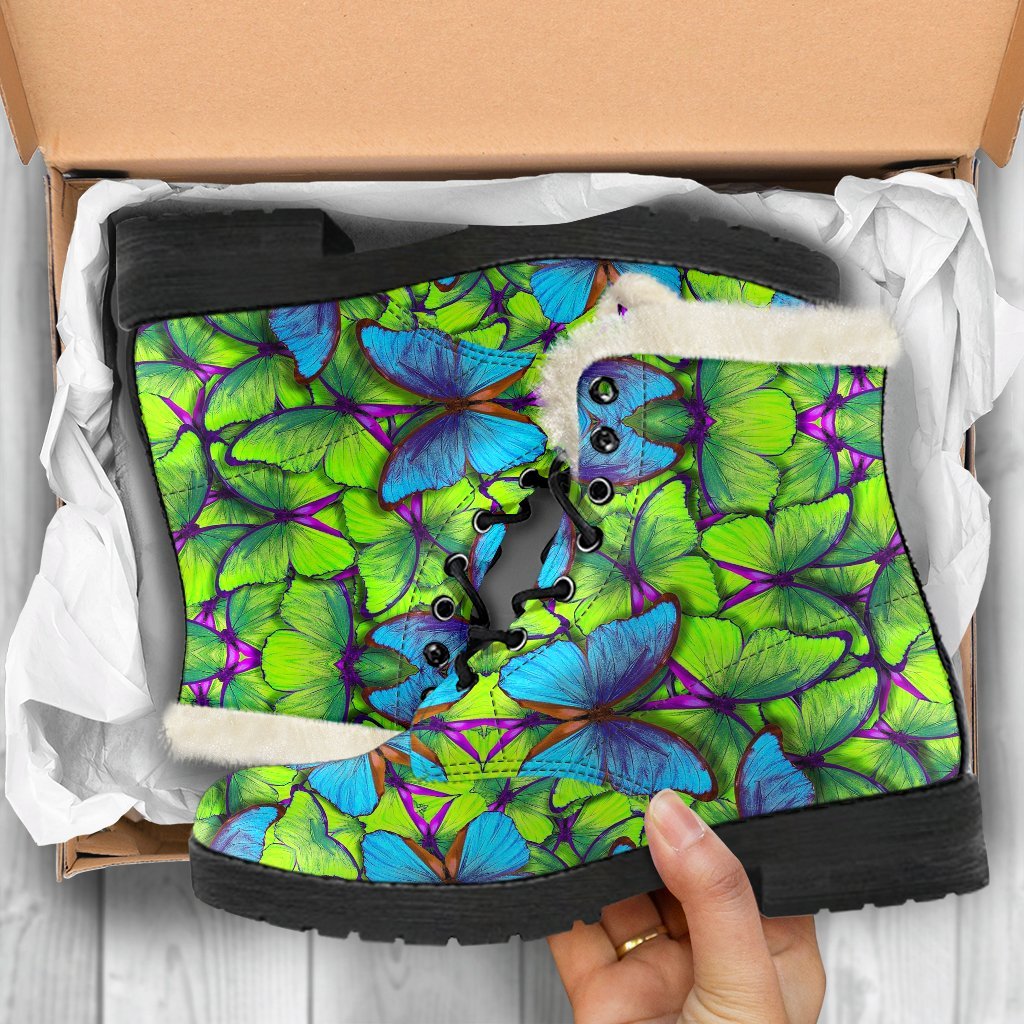 Green Blue Butterfly Pattern Print Comfy Winter Boots-grizzshop