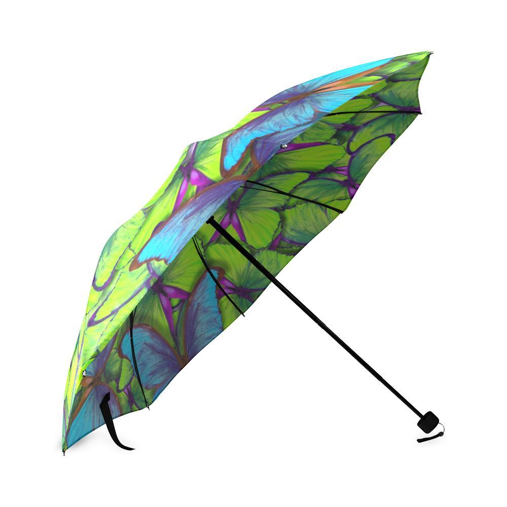 Green Blue Butterfly Pattern Print Foldable Umbrella-grizzshop