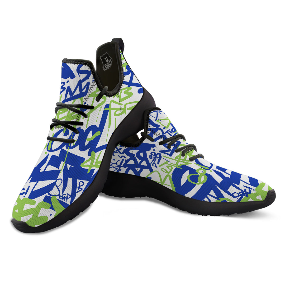 Green Blue Urban Graffiti Text Print Pattern Black Athletic Shoes-grizzshop