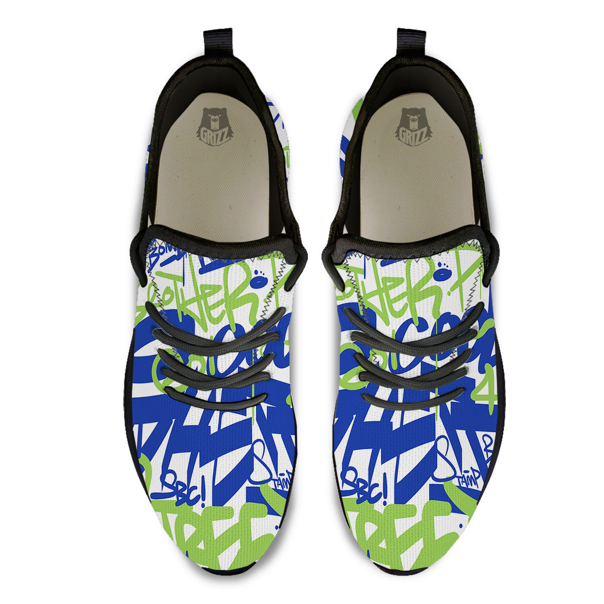 Green Blue Urban Graffiti Text Print Pattern Black Athletic Shoes-grizzshop