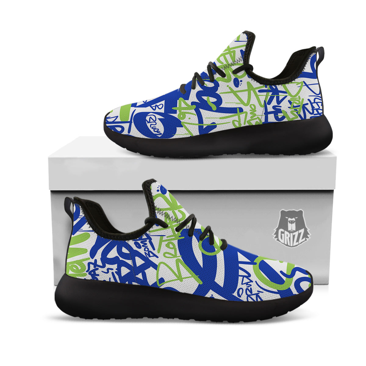 Green Blue Urban Graffiti Text Print Pattern Black Athletic Shoes-grizzshop