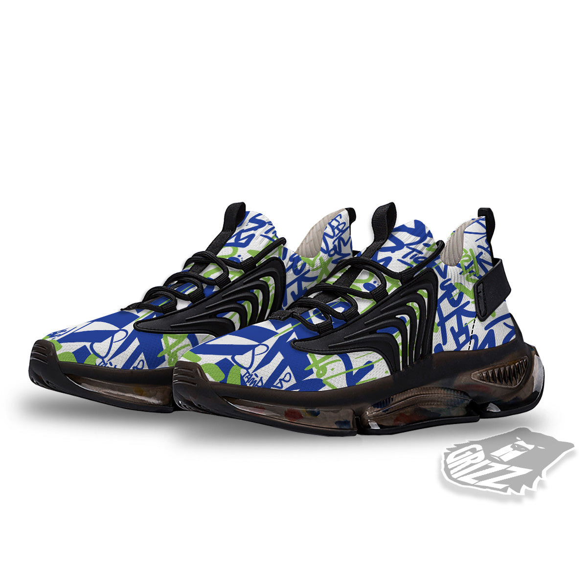 Green Blue Urban Graffiti Text Print Pattern Black Gym Shoes-grizzshop