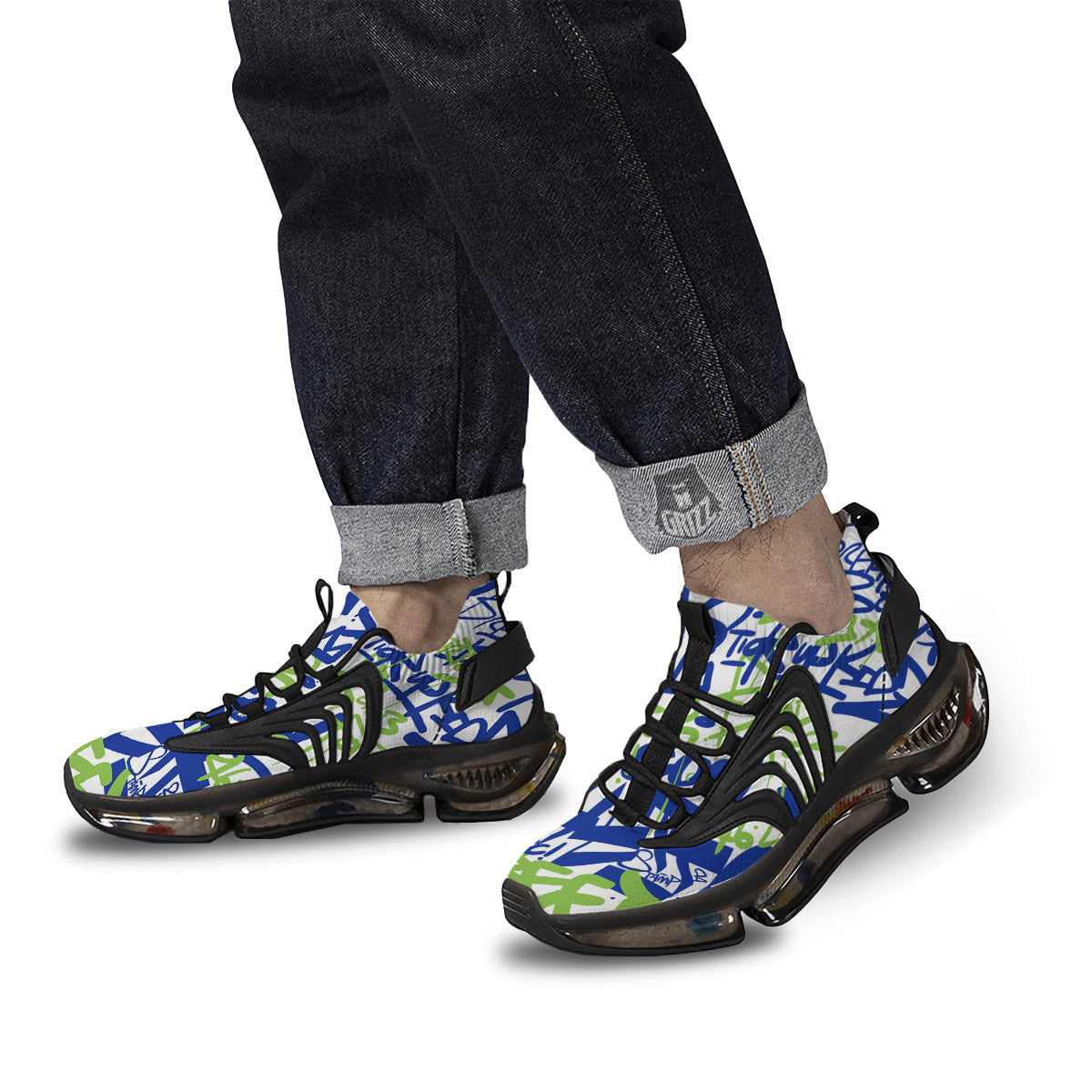Green Blue Urban Graffiti Text Print Pattern Black Gym Shoes-grizzshop