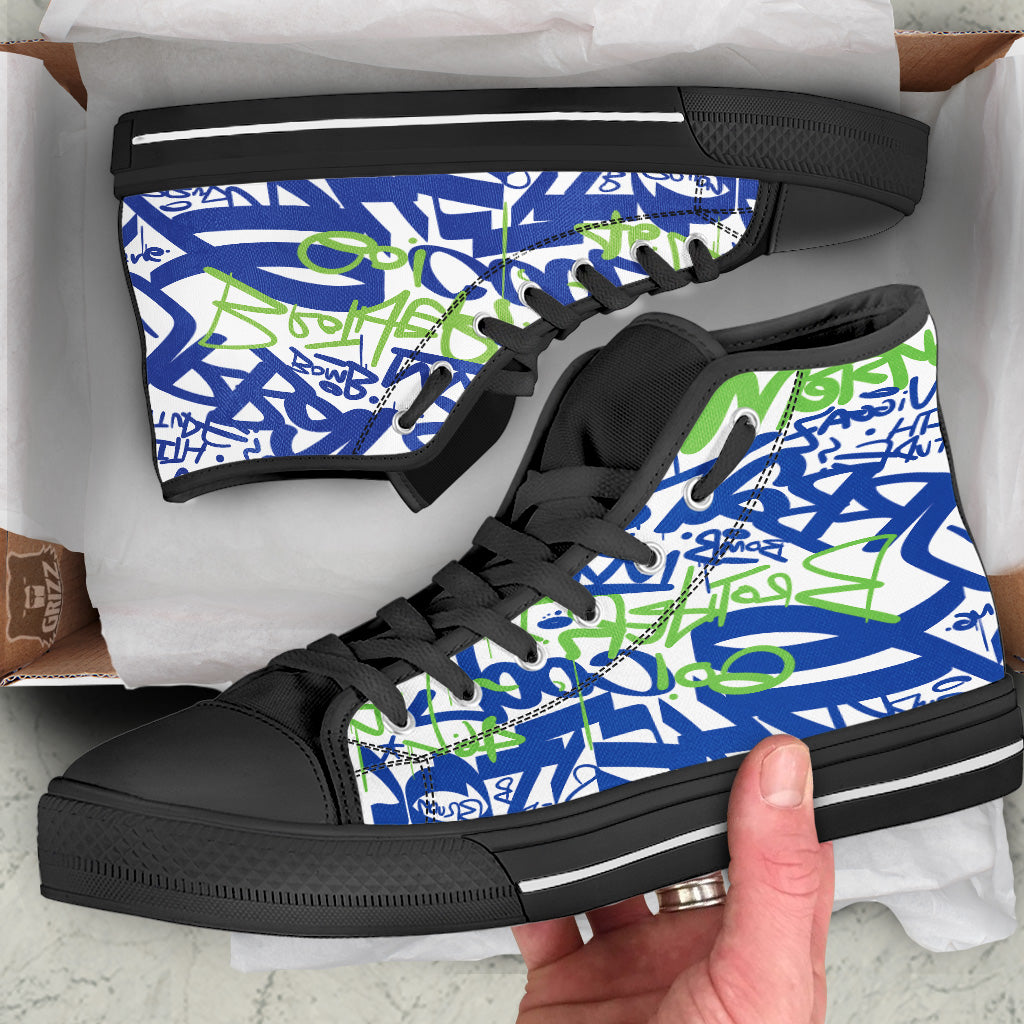 Green Blue Urban Graffiti Text Print Pattern Black High Top Shoes-grizzshop