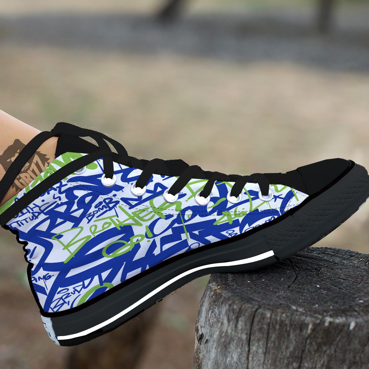 Green Blue Urban Graffiti Text Print Pattern Black High Top Shoes-grizzshop