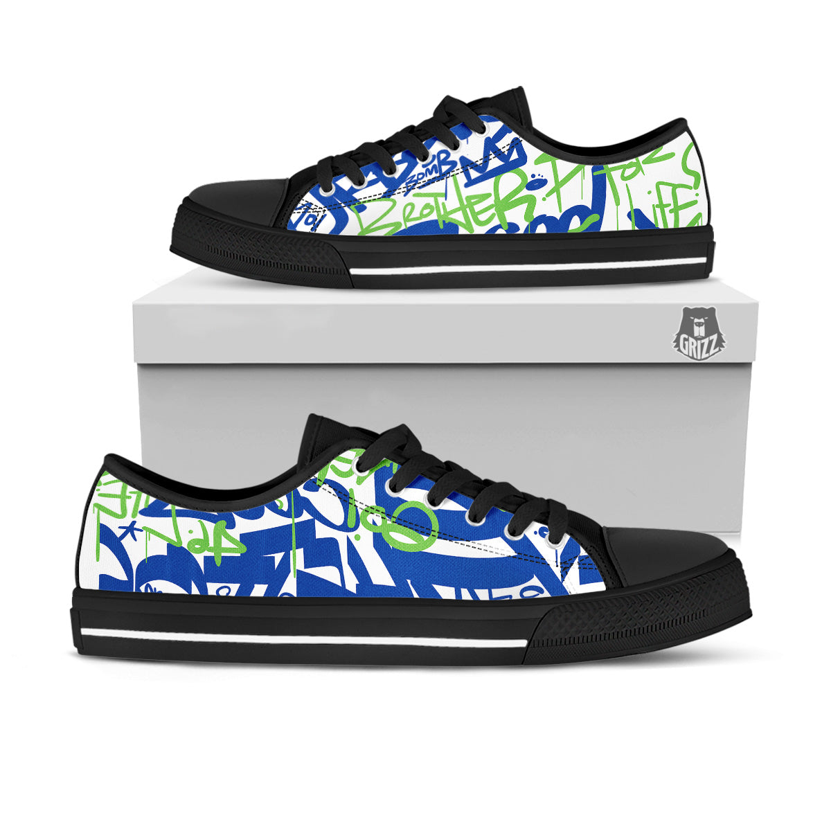 Green Blue Urban Graffiti Text Print Pattern Black Low Top Shoes-grizzshop