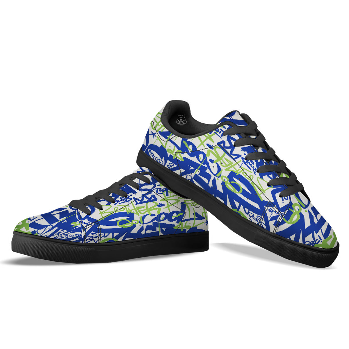 Green Blue Urban Graffiti Text Print Pattern Black Low Top Sneakers-grizzshop
