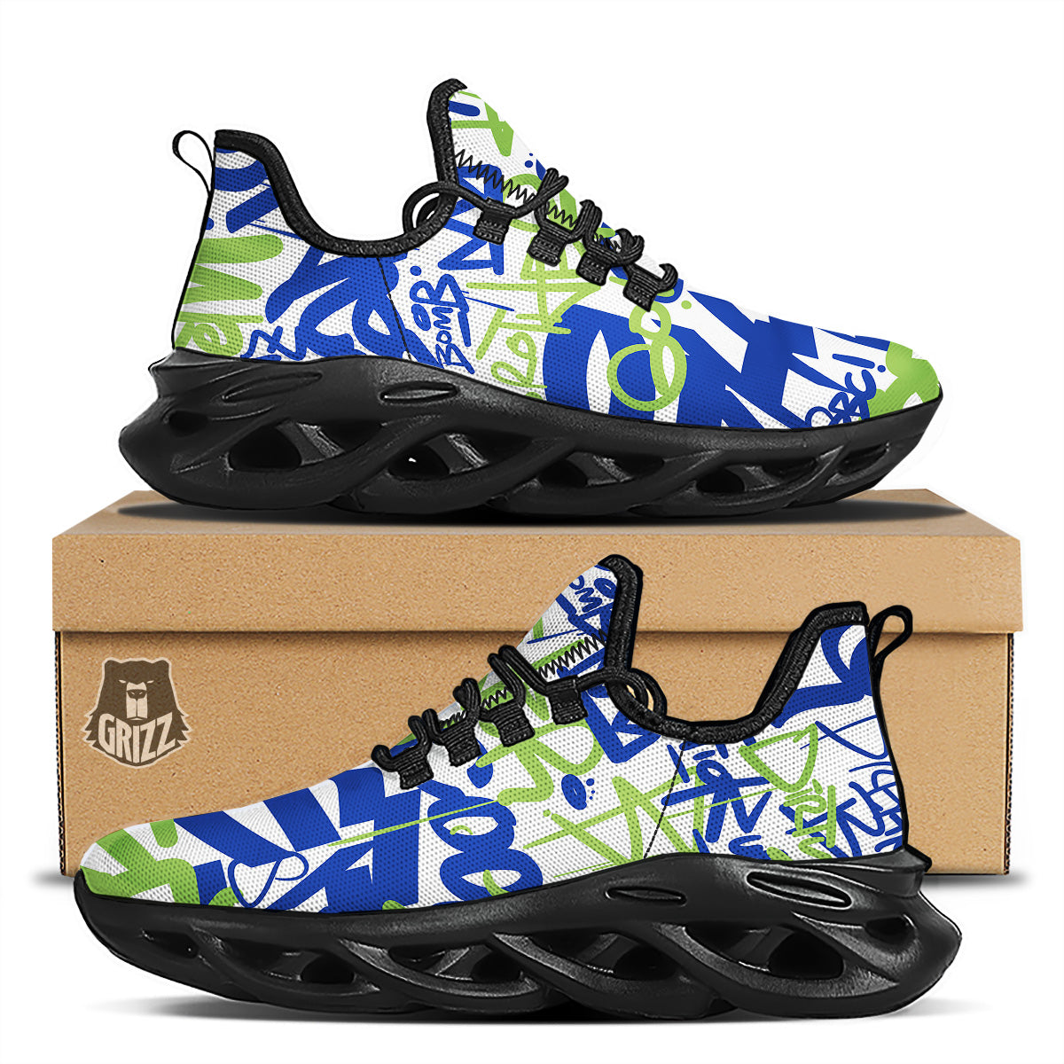 Green Blue Urban Graffiti Text Print Pattern Black Running Shoes-grizzshop