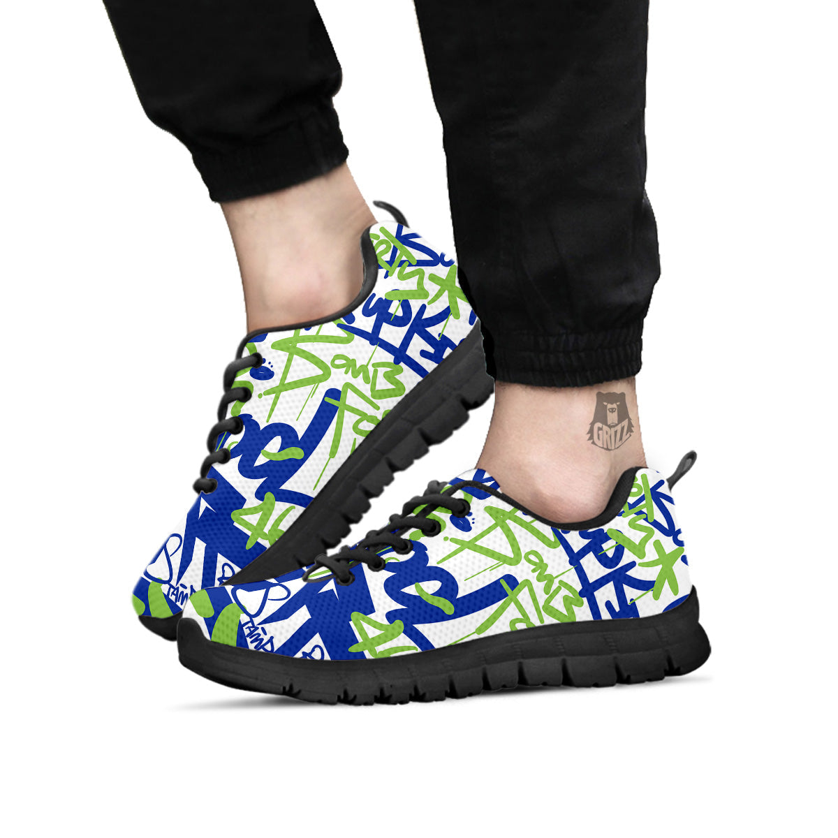 Green Blue Urban Graffiti Text Print Pattern Black Sneaker-grizzshop