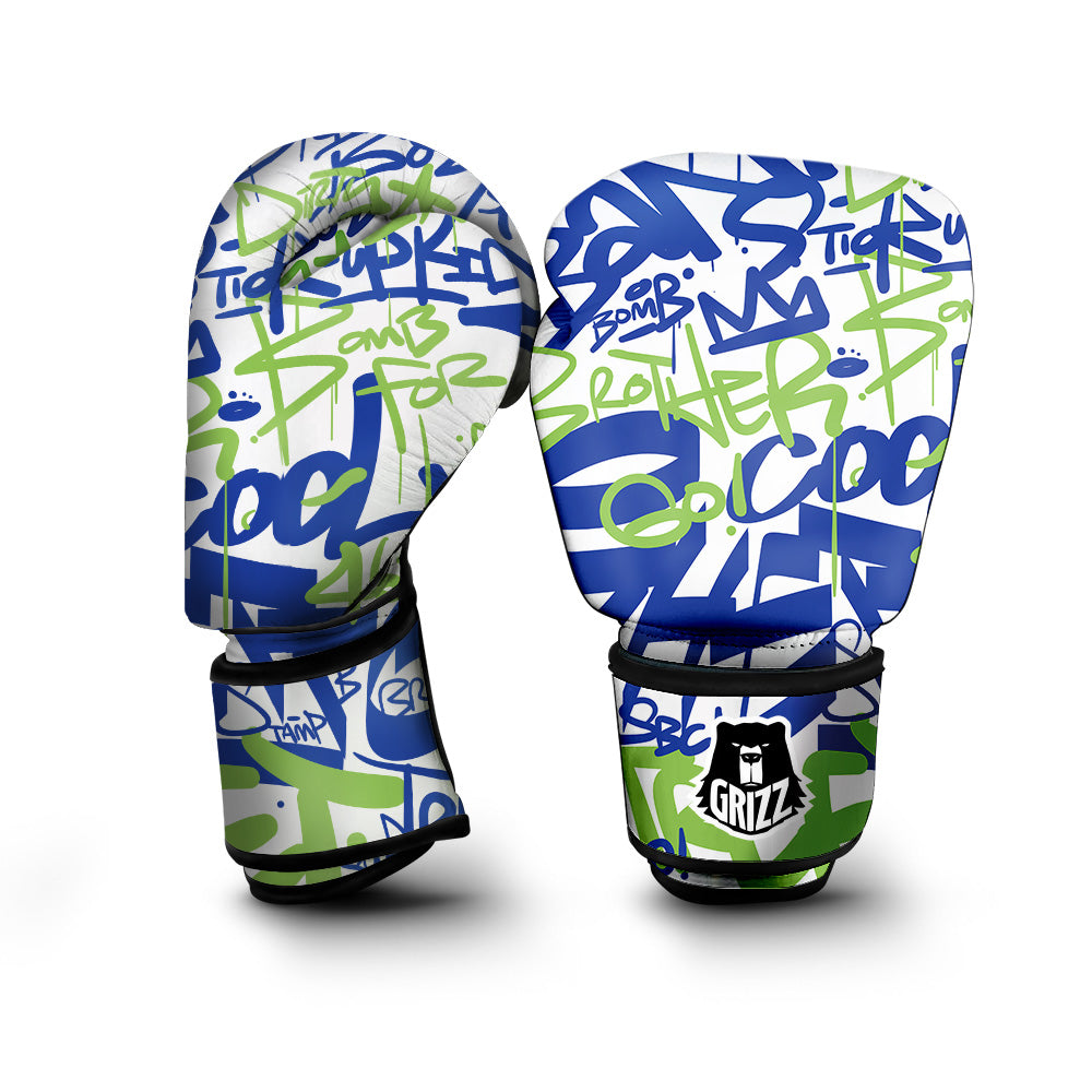 Green Blue Urban Graffiti Text Print Pattern Boxing Gloves-grizzshop