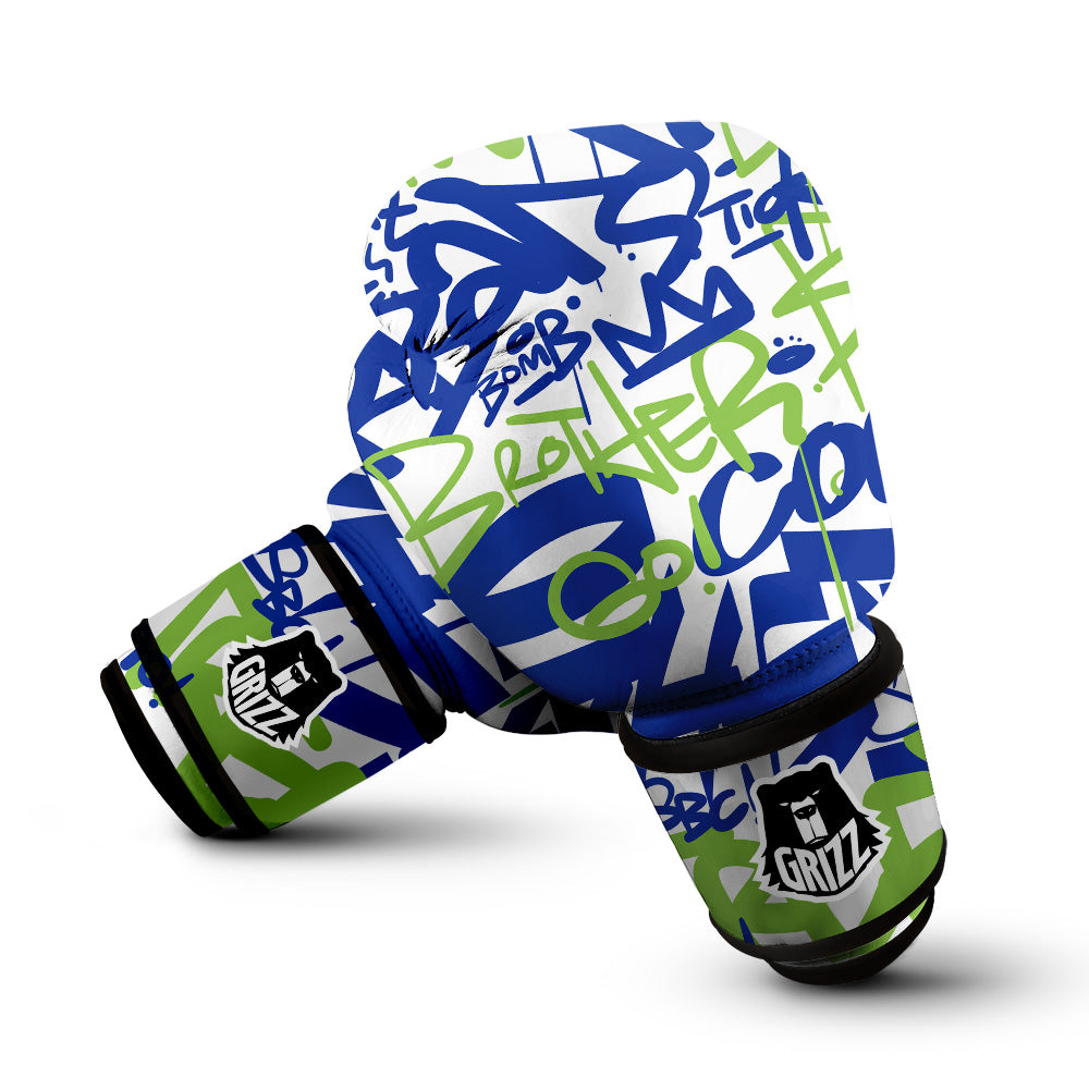 Green Blue Urban Graffiti Text Print Pattern Boxing Gloves-grizzshop