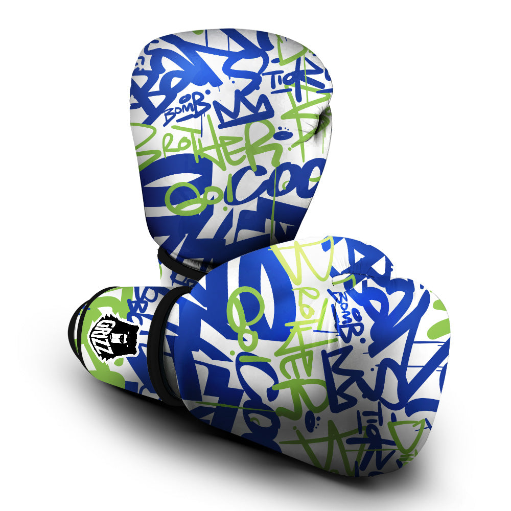 Green Blue Urban Graffiti Text Print Pattern Boxing Gloves-grizzshop