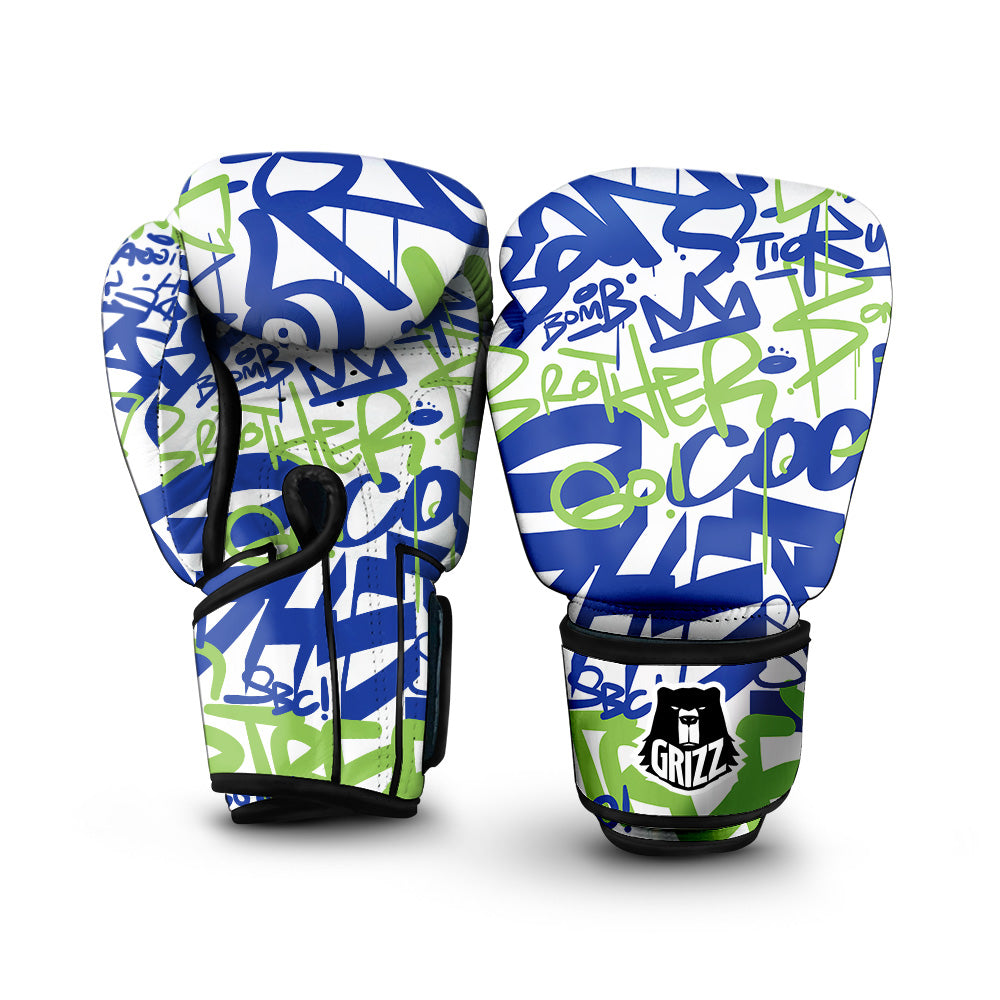 Green Blue Urban Graffiti Text Print Pattern Boxing Gloves-grizzshop
