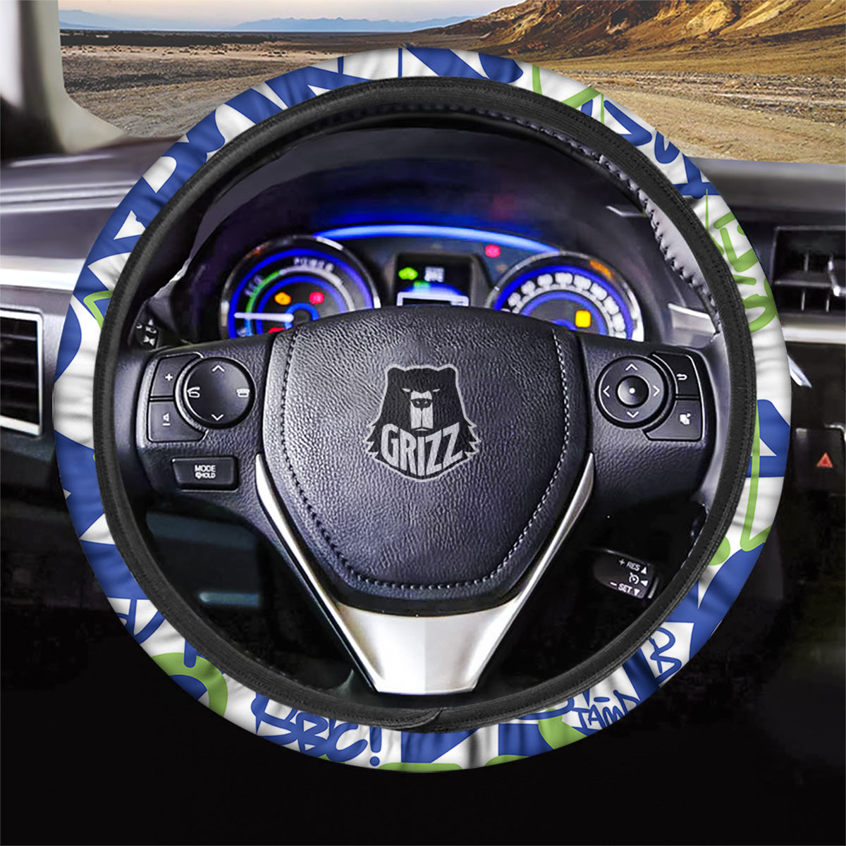 Green Blue Urban Graffiti Text Print Pattern Car Steering Wheel Cover-grizzshop