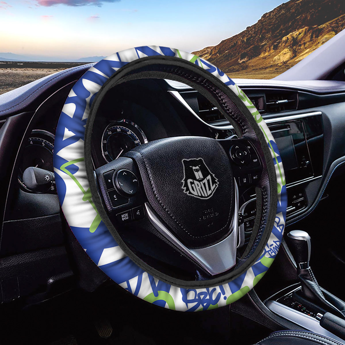 Green Blue Urban Graffiti Text Print Pattern Car Steering Wheel Cover-grizzshop