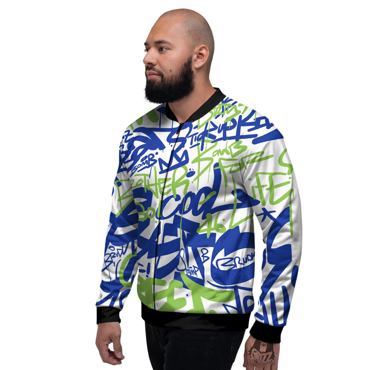 Green Blue Urban Graffiti Text Print Pattern Men's Bomber Jacket-grizzshop