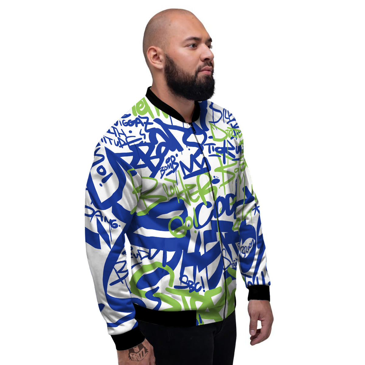 Green Blue Urban Graffiti Text Print Pattern Men's Bomber Jacket-grizzshop