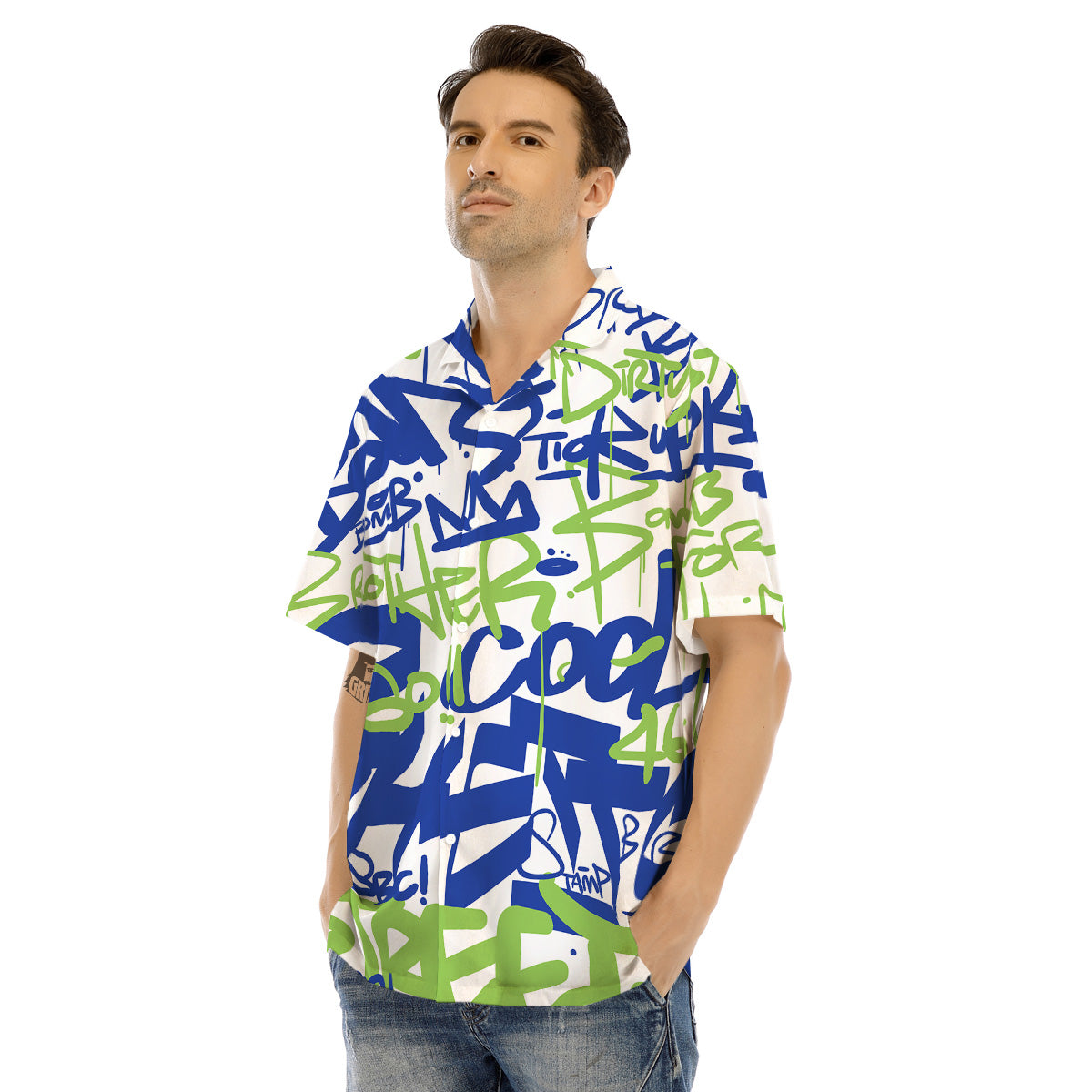 Green Blue Urban Graffiti Text Print Pattern Men's Hawaiian Shirt-grizzshop