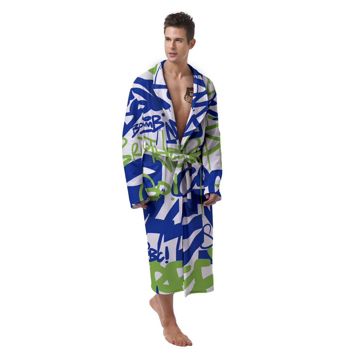 Green Blue Urban Graffiti Text Print Pattern Men's Robe-grizzshop