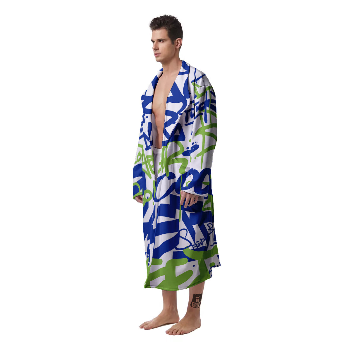 Green Blue Urban Graffiti Text Print Pattern Men's Robe-grizzshop