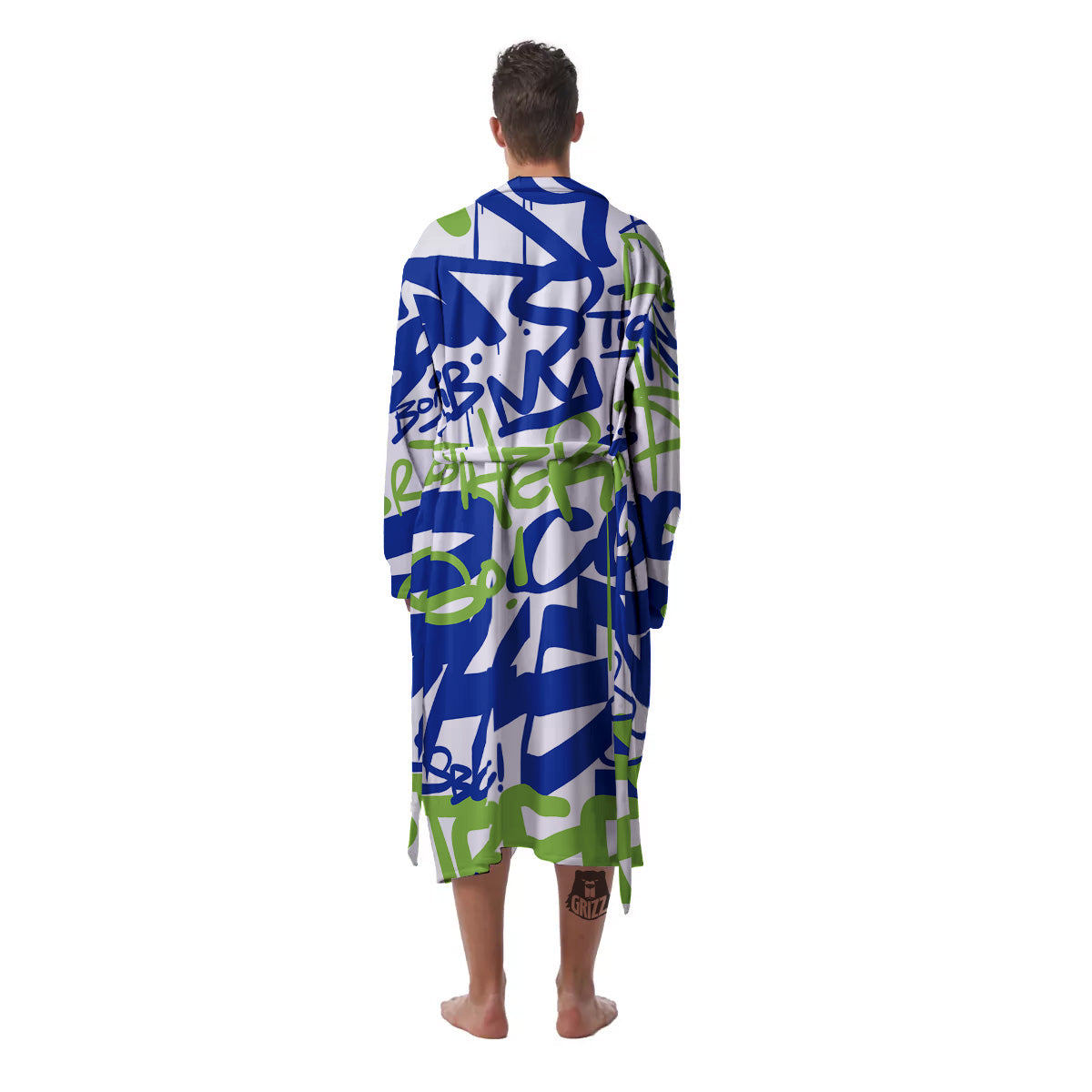 Green Blue Urban Graffiti Text Print Pattern Men's Robe-grizzshop