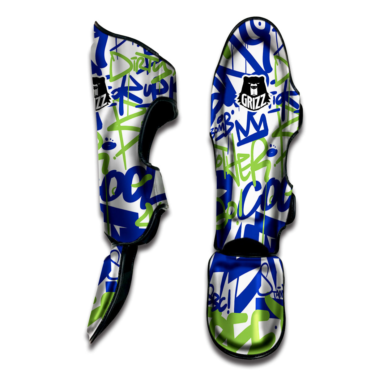 Green Blue Urban Graffiti Text Print Pattern Muay Thai Shin Guards-grizzshop