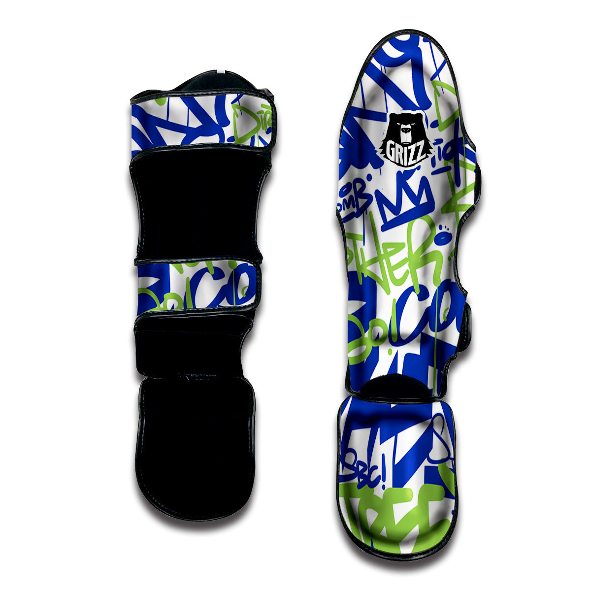 Green Blue Urban Graffiti Text Print Pattern Muay Thai Shin Guards-grizzshop