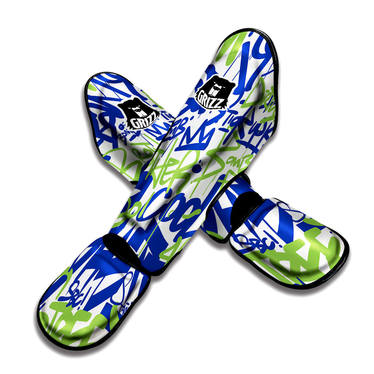 Green Blue Urban Graffiti Text Print Pattern Muay Thai Shin Guards-grizzshop