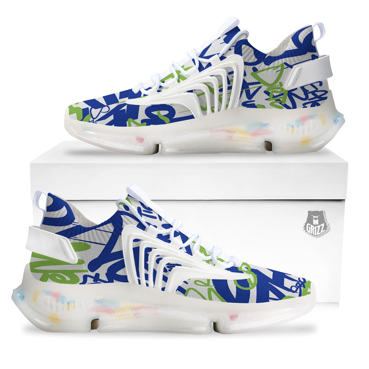 Green Blue Urban Graffiti Text Print Pattern White Gym Shoes-grizzshop